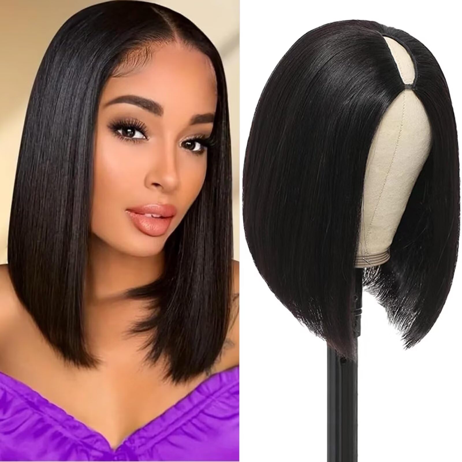 Atikual V Part Wig Human Hair Bob Wig 8inch Brazilian Remy Hair Short Bob Wig Human Hair Glueless Wig Upart Bob Wigs For Black Women Upgrade U Part Wig No Sew in No Glue Natural Black Color