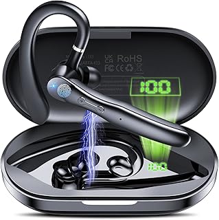 Bluetooth Headset V5.3, 20H Talk Single-Ear Bluetooth Earpiece with Dual ENC Noise Canceling Microphone, LED Display, IP7 Waterproof Headphone, HandsFree Earphone for Driving/Business/Office
