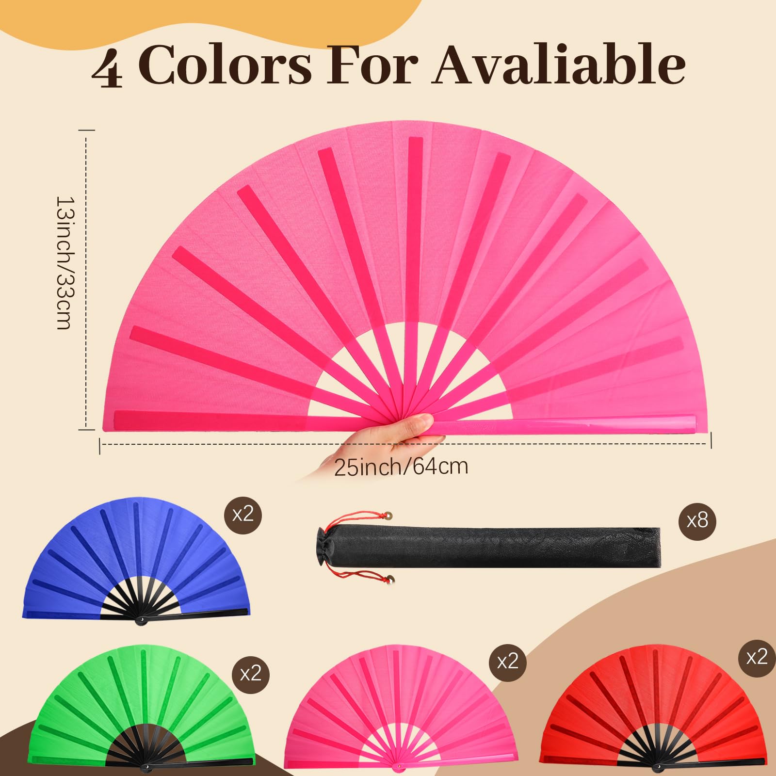 ATTRACME 8 PCS Large Folding Fans Set for Line Dance & Popping, Chinese Kung Fu Hand Fans with 8PCS Fan Sleeves for Line Dancing for Men Women - Royal Blue, Rose Red, Green, Red