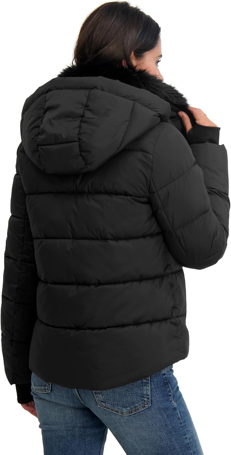 TAHARI Women's Short Quilted Puffer Jacket With Faux Fur Collar, Detachable Hood & Zipper Closure - Image 3