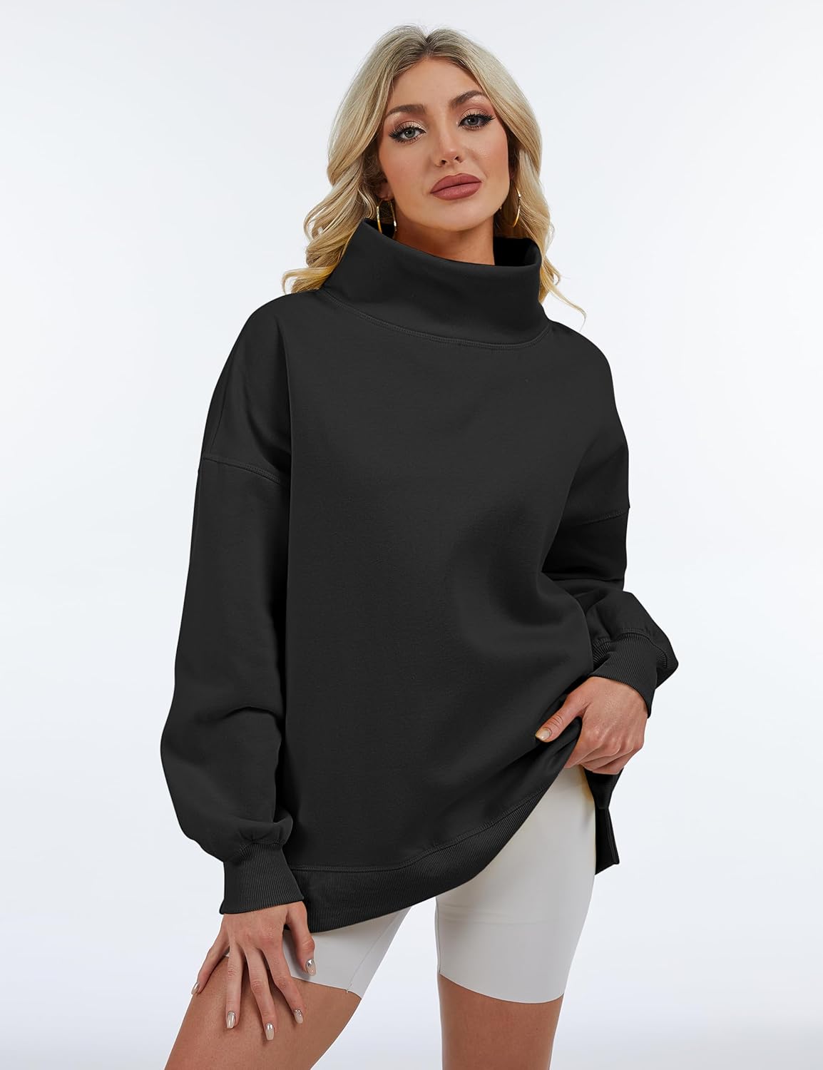 Womens Oversized Mockneck Sweatshirts Long Sleeve Turtleneck Pullover Casual Fall Drop Shoulder Hoodies Tops - Image 2