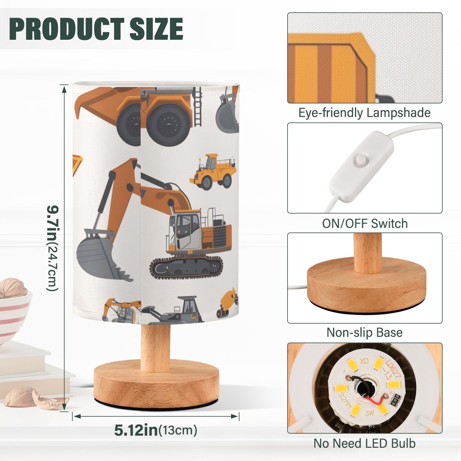 Mnsruu Bedside Table Lamp Childish Excavator Engineering Vehicle Bedside Lamps LED Light Desk Lamp Fabric Shade Small Lamp for Bedroom Living Room (Bulb Included) - Image 3