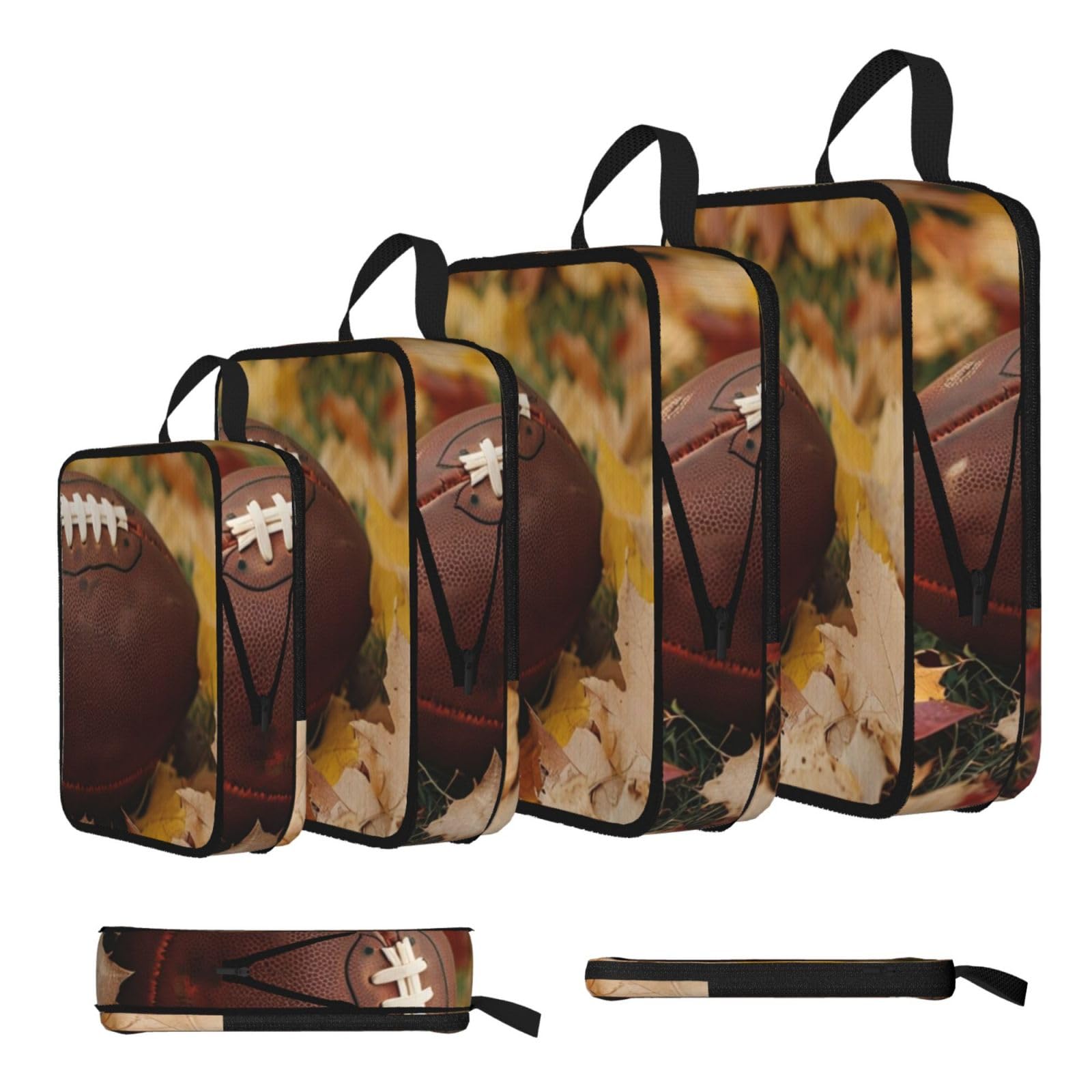 Football with leaves Print Packing Cubes for Travel Space Saver Bags, Compression Packing Cubes Set of 4, Expandable Luggage Organisers, Suitcase Organiser Bags