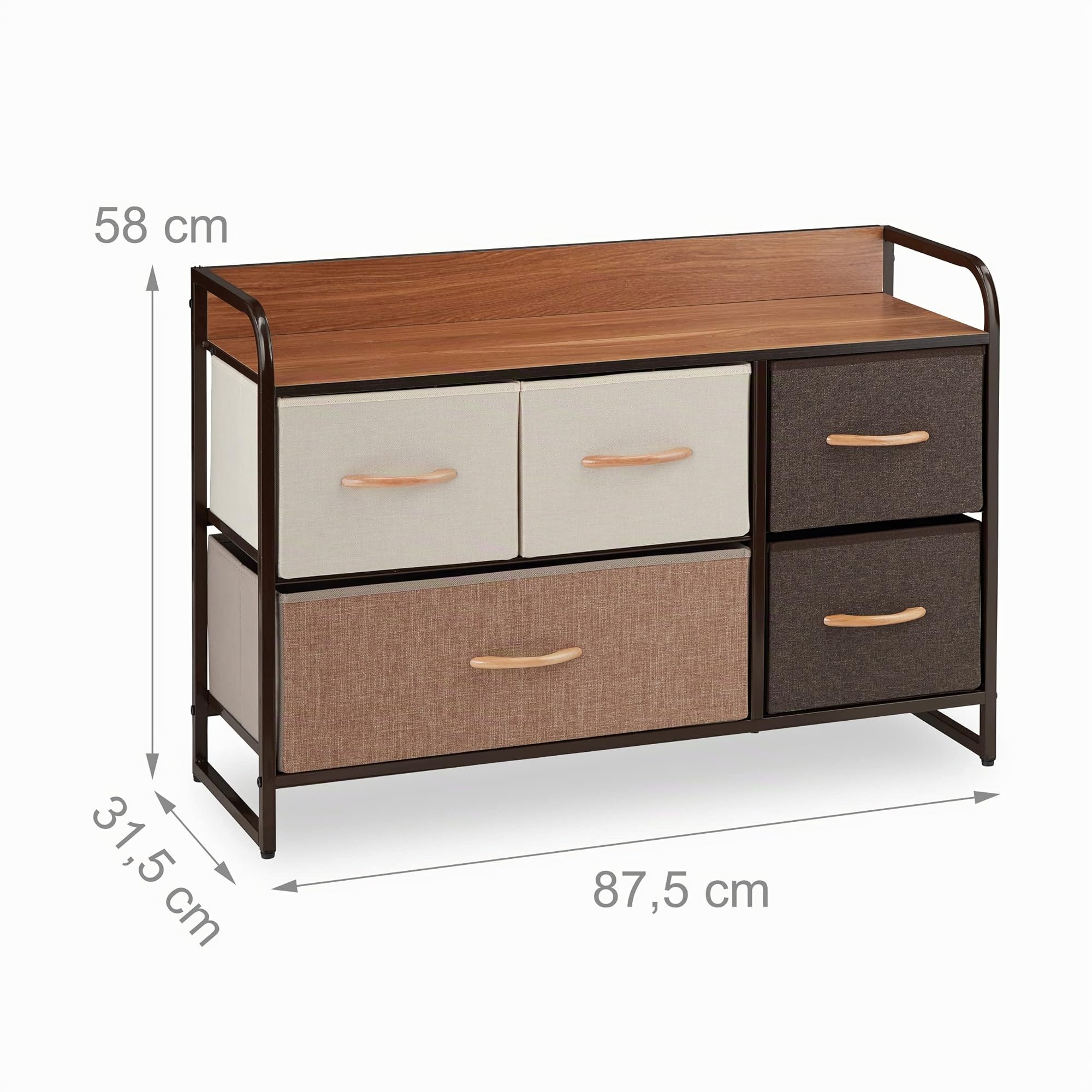 Relaxdays Mobiletto con Cassetti, 5 Tiretti Pieghevoli in Tessuto, Ripiano, HLP 58 x 87,5 x 31,5 cm, Marrone