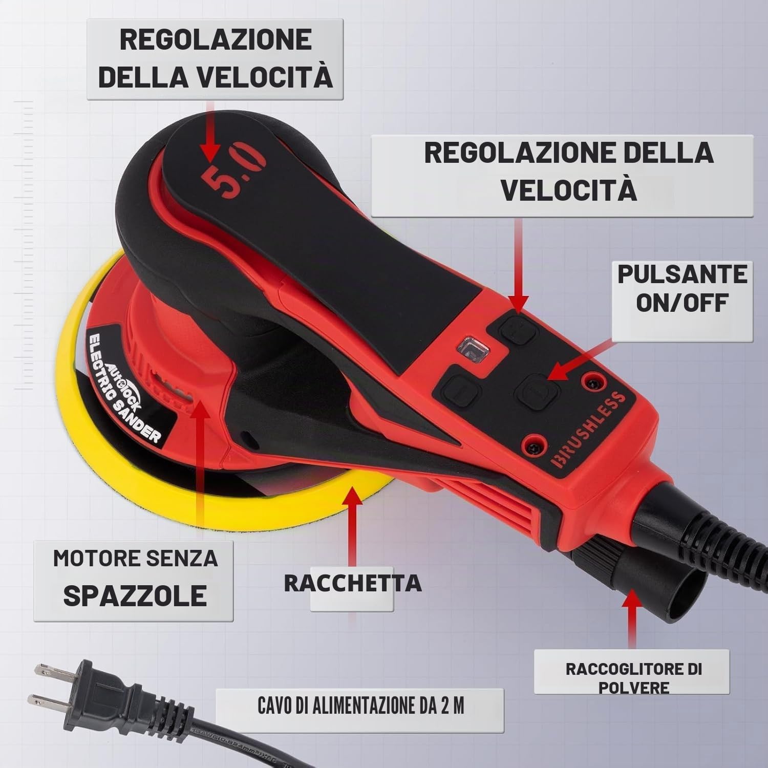 Autolock 125/150mm Levigatrice elettrica senza spazzole 1pcs | 350W levigatrice rotorbitale per legno,6 Velocità fino a 10.000 Giri/min, Per la lavorazione del legno e la Lucidatura
