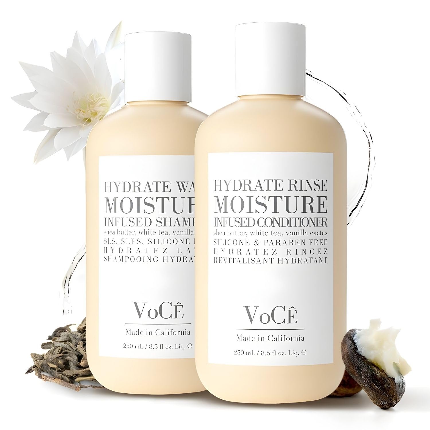 VoCÊ Hydrate Shampoo & Conditioner Bundle | Moisture-Infused Hydrating Wash & Rinse Duo for Dry, Frizzy Hair with Shea Butter, White Tea & Vanilla Cactus – 8.5oz / 250 ml each