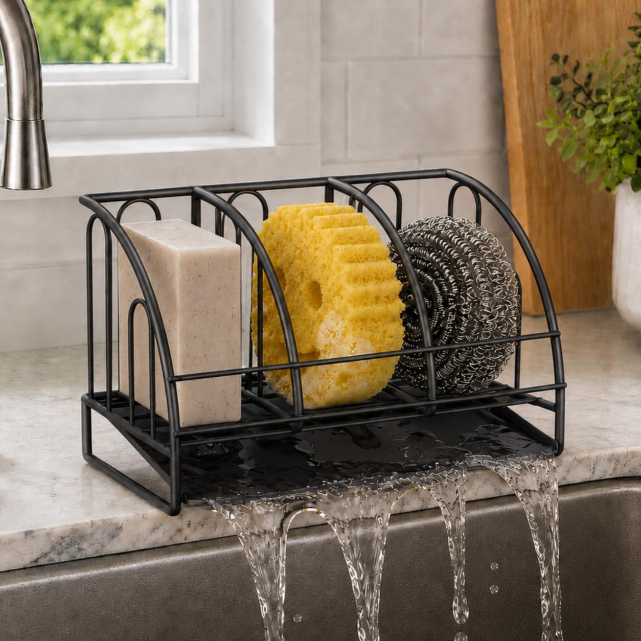Sponge Holder for Kitchen Sink with Self Draining Soap Dish Sink Organizer