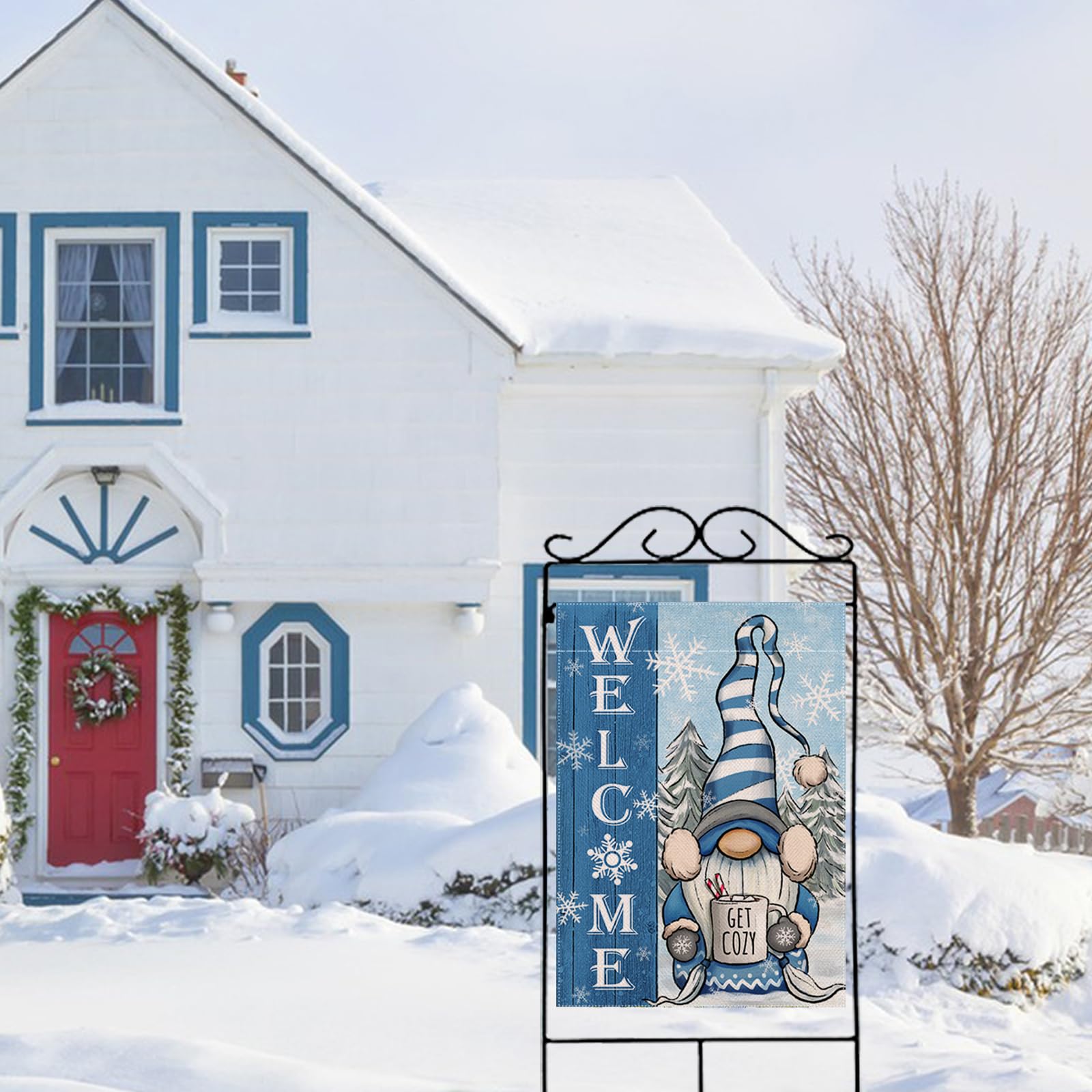 Covido Winter-Gartenflagge – Willkommens-Zwerg Mit Schneeflocken, Blau, 71 X 102 Cm – Wetterfest & Doppelseitig