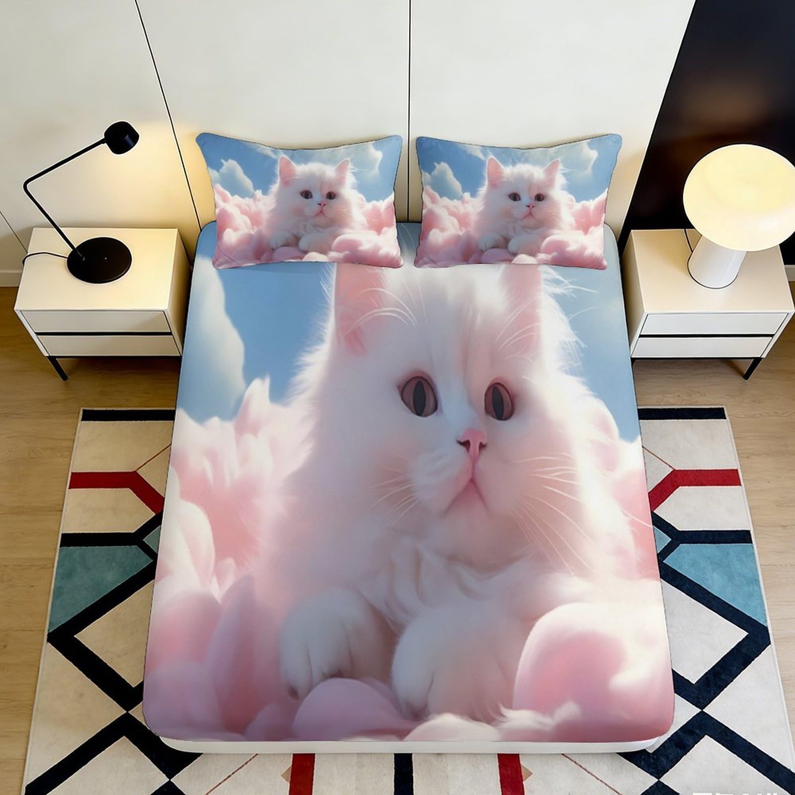 3D Printed Pink Fluffy Cat Fitted Sheet Microfiber Soft Bedroom Decor Sky Cloud Mattress Cover for Home Dorm Room 90x200x25cm