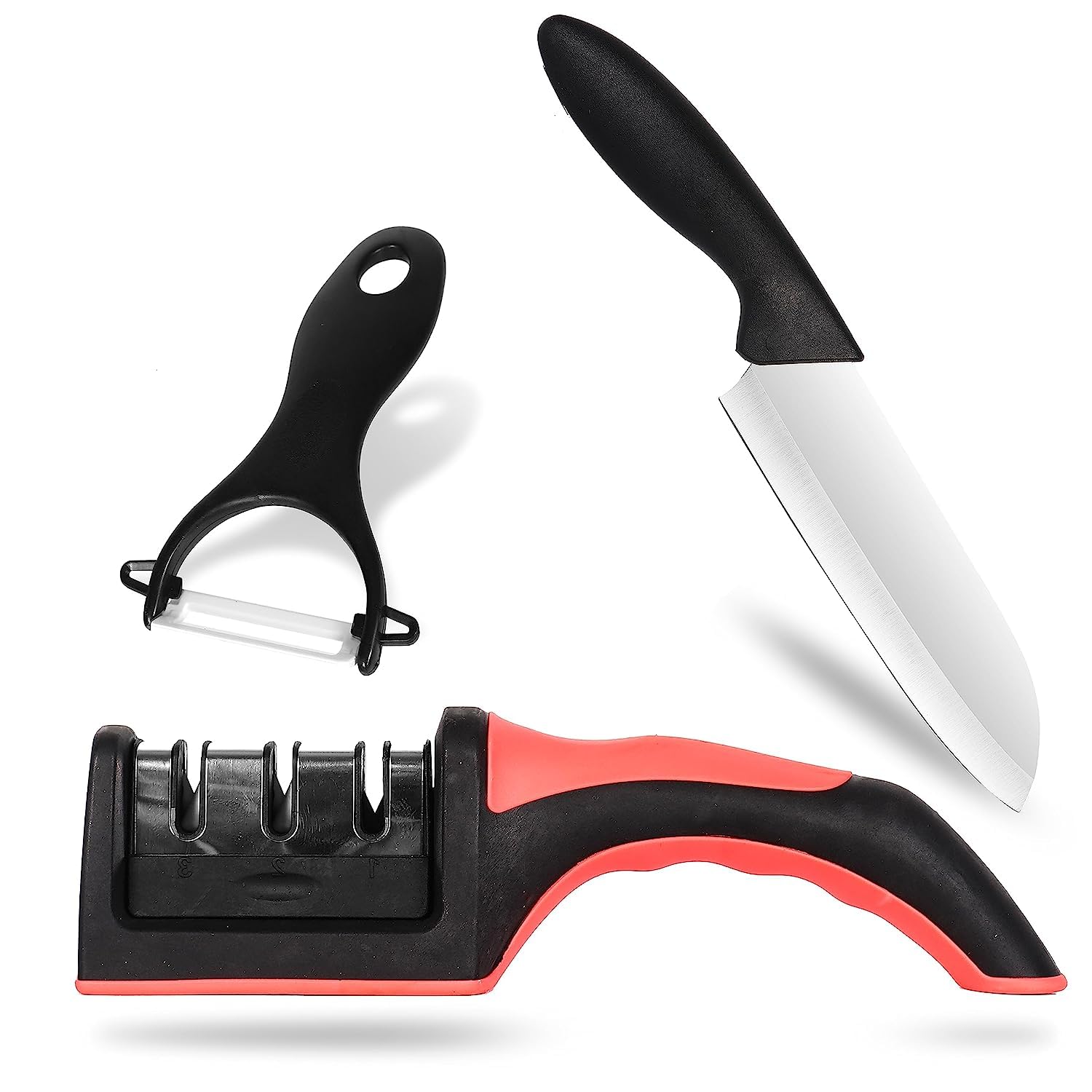 Hexwell Manual Knife Sharpener with Vegetable and Fruit Peeler and Knife for Kitchen - 3 Piece Kitchen Tool Set