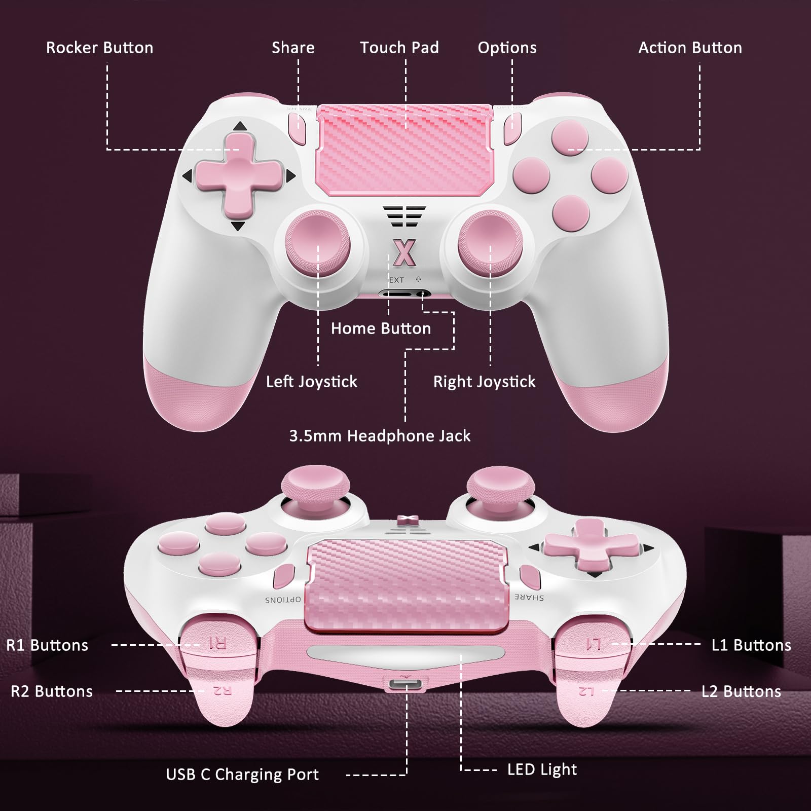 Glitfix Controller per PS4, Wireless Controller di Gioco compatibile con PS4/Pro/Slim/PC Joystick con Turbo/Tasto Indietro/Doppia Vibrazione/Sensore Giroscopico assiale/Touchpanel