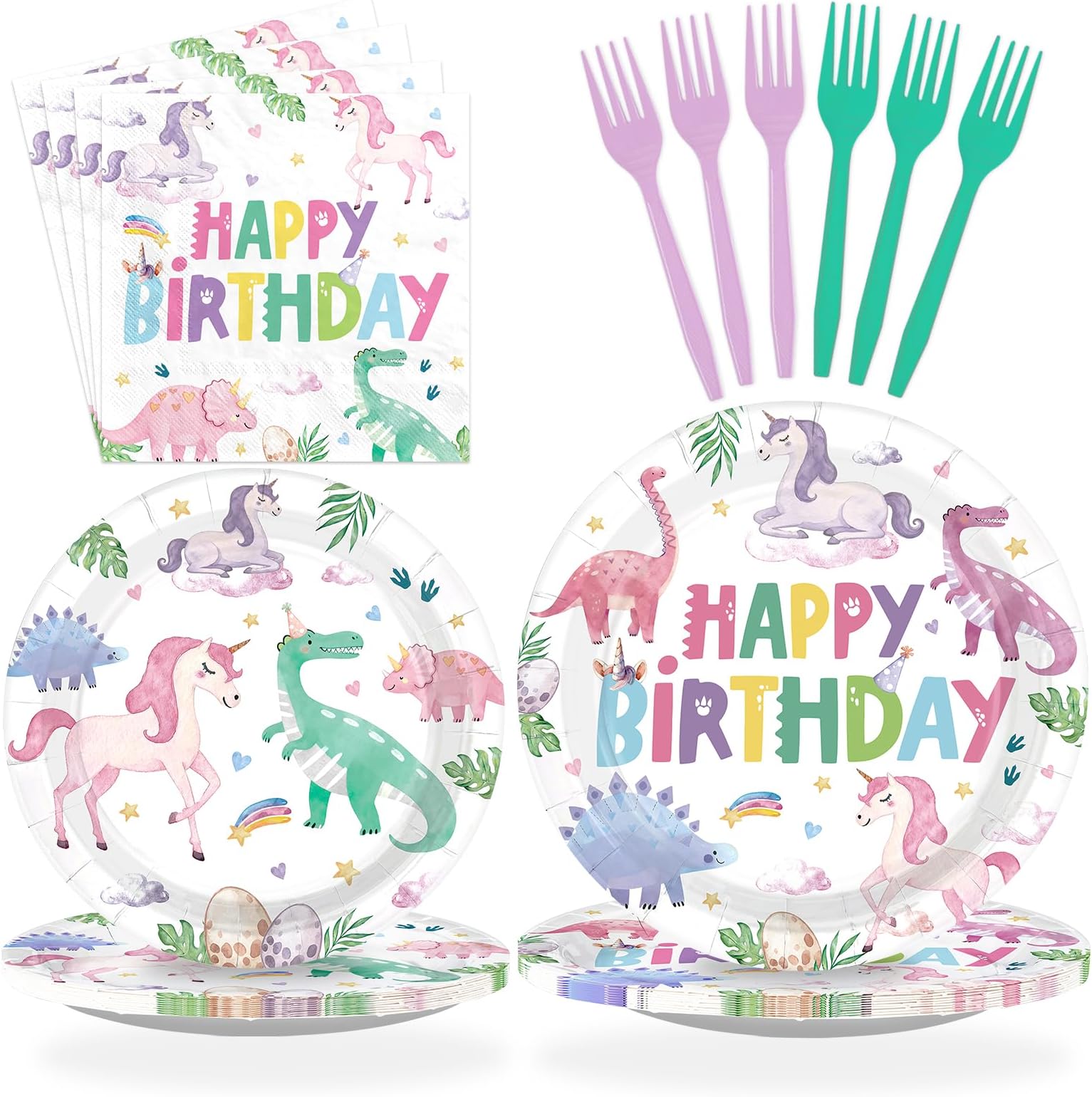 96Pcs Dinosaur Unicorn Birthday Party Decorations Dinosaur Unicorn Birthday Plates and Napkins Set Rainbow Dino Decoration for Girls Princess Magical Pastel Pink Rainbow Bday Party Supplies Serves 24