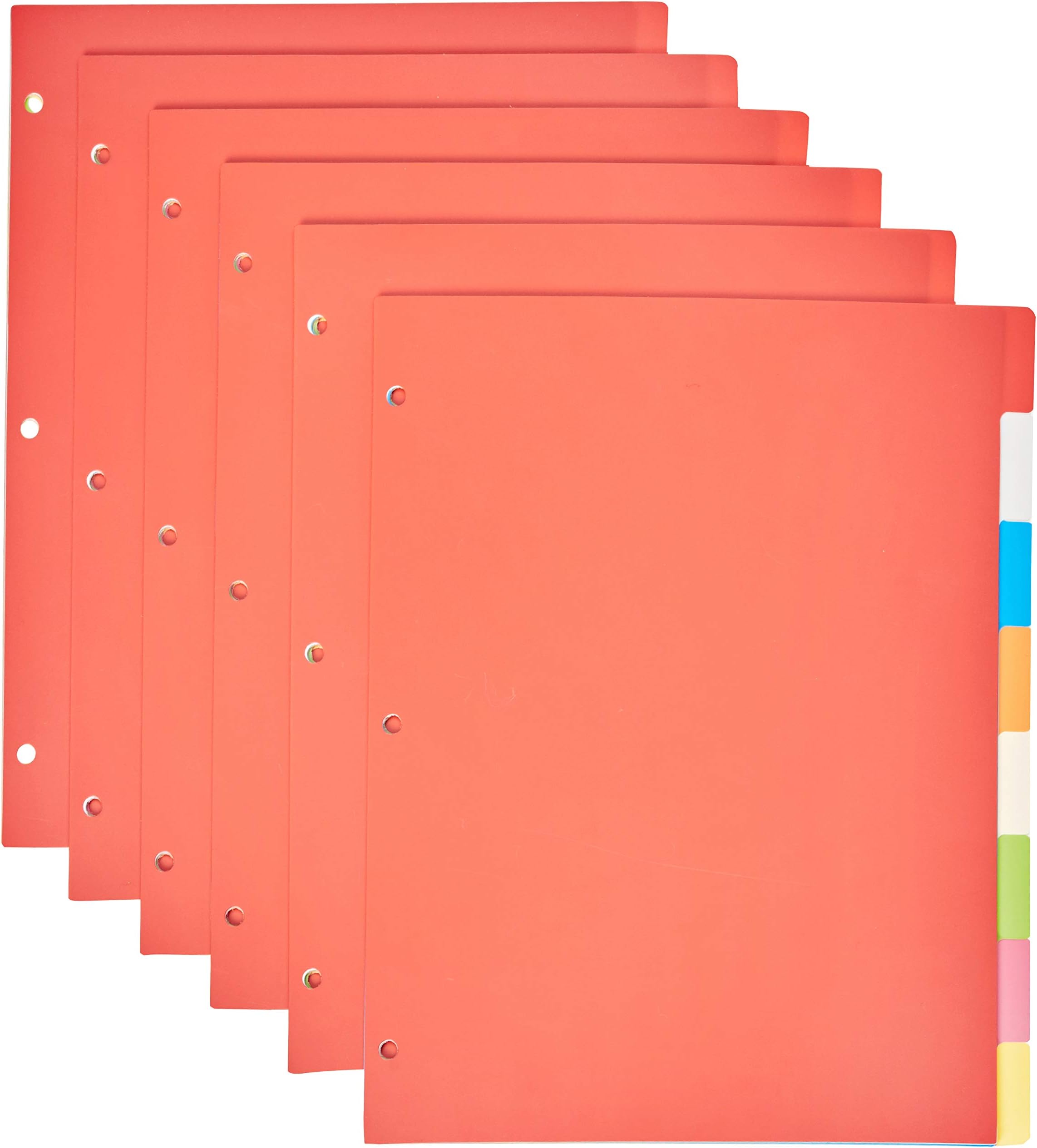Amazon Basics 8-Tab Plastic Binder Dividers with Multicolor Tab Labels for 3 Ring Binder, Durable, 3-Hole Punched, for School, Office and Home Organization, Letter Size, Assorted Colors, 6-Pack