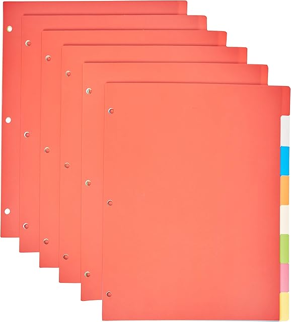 Amazon Basics 3-Ring Binder Plastic Divider Set, 3-Hole Punched Letter-Size 8-Tab Dividers - 6-Pack, Multicolor
