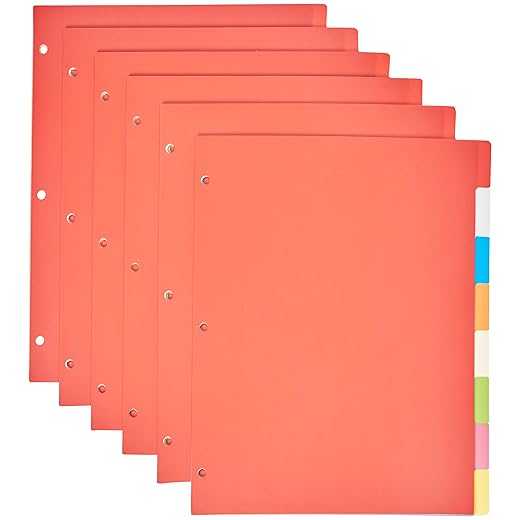 Amazon Basics Durable Multicolor 3-Ring Binder Plastic Divider Set with Tab Labels, 3-Hole Punched Letter Size 8-Tab Dividers, for School and Organization, 6 Pack, Assorted Colors