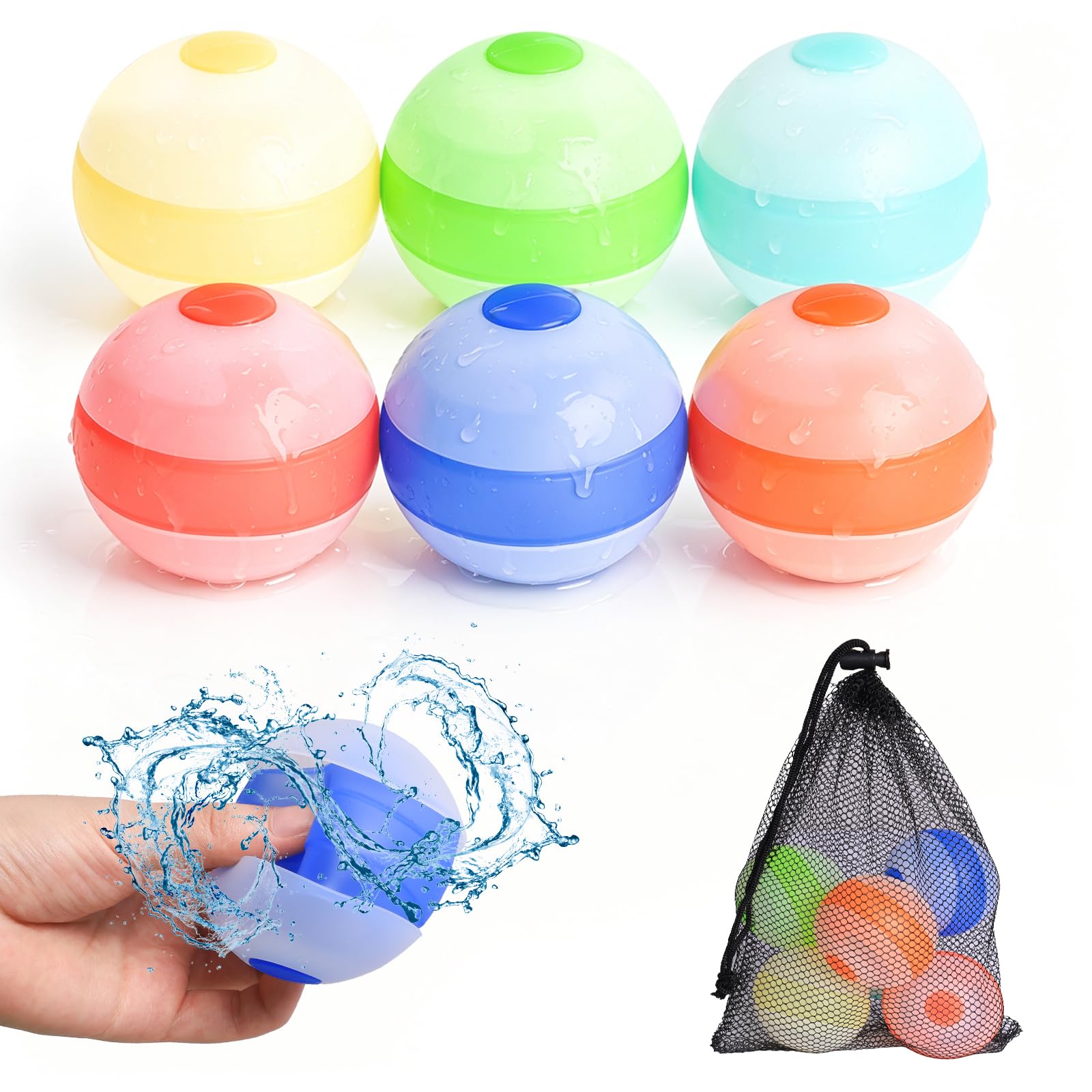 6 PCS Reusable Water Balloons, Silicone Self Sealing Soft Splash Balls, Quick Fill Water Bombs, Summer Outdoor Water Toys for Pool Beach Garden Party Games