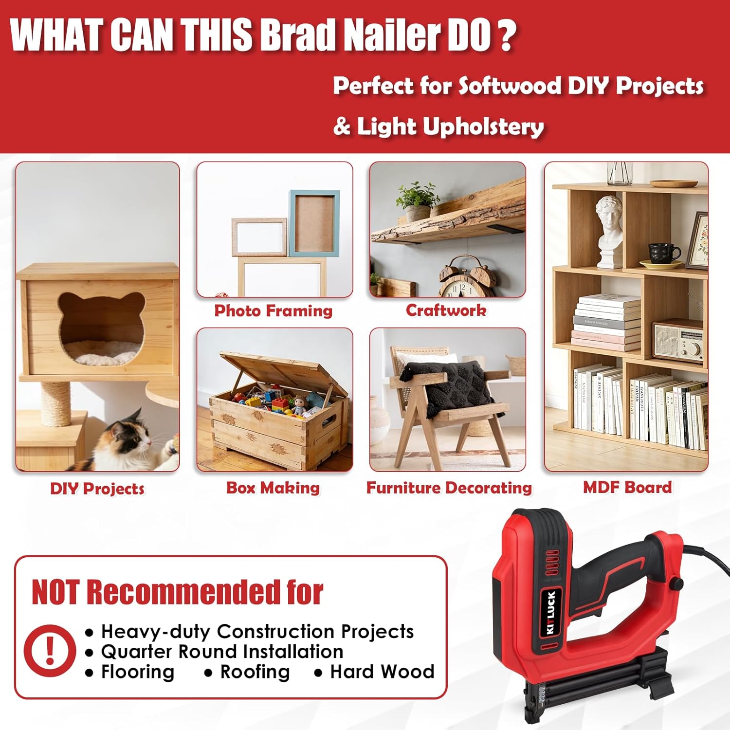 KITLUCK Brad Nailer, 2 in 1 120V Electric Staple Gun/Nail Gun with 1400pcs 18 Gauge Straight Nails and 400pcs Narrow Crown Staples for Woodworking, DIY Projects, Carpentry and Light Upholstery