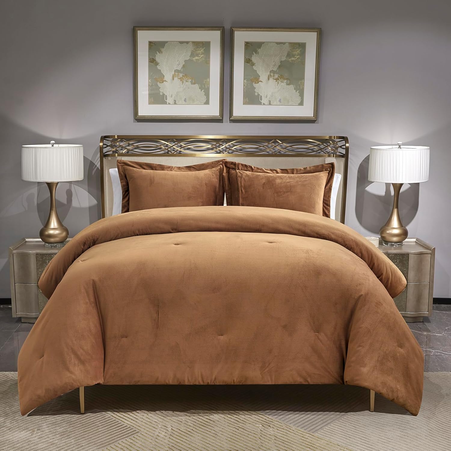 Luxury Fluffy Velvet Comforter Set, 3 Pieces Reversible Comforter Queen Size with 2 Pillow Shams,Velvet Front and Back, All Season Cozy, Soft, Warm, Middle Weight (Caramel Gold, Queen)