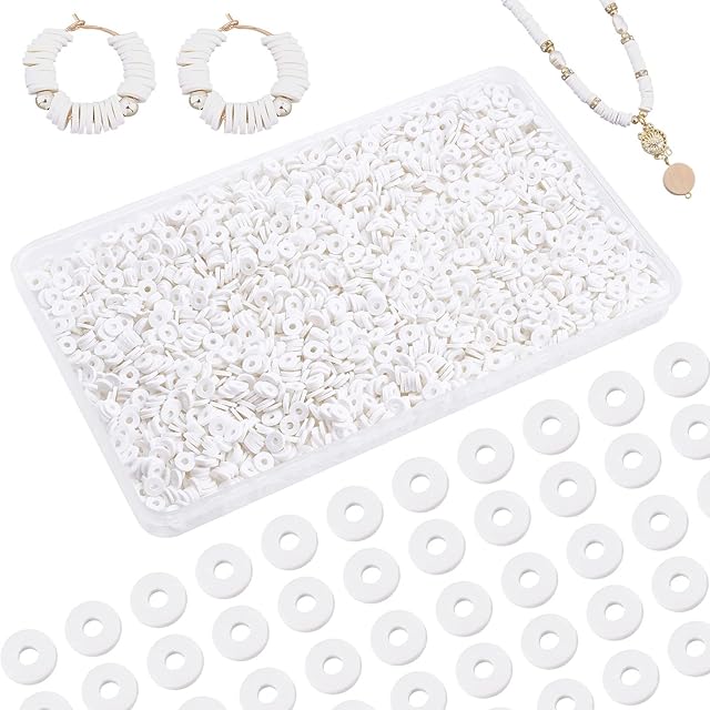 PandaHall Heishi Clay Beads, 3000 Pcs 6mm Vinyl Disc Beads Flat Round Handmade Polymer Clay Beads for Hawaiian Earring Choker Anklet Bracelet Necklace Jewellery Making Summer Surfer, White