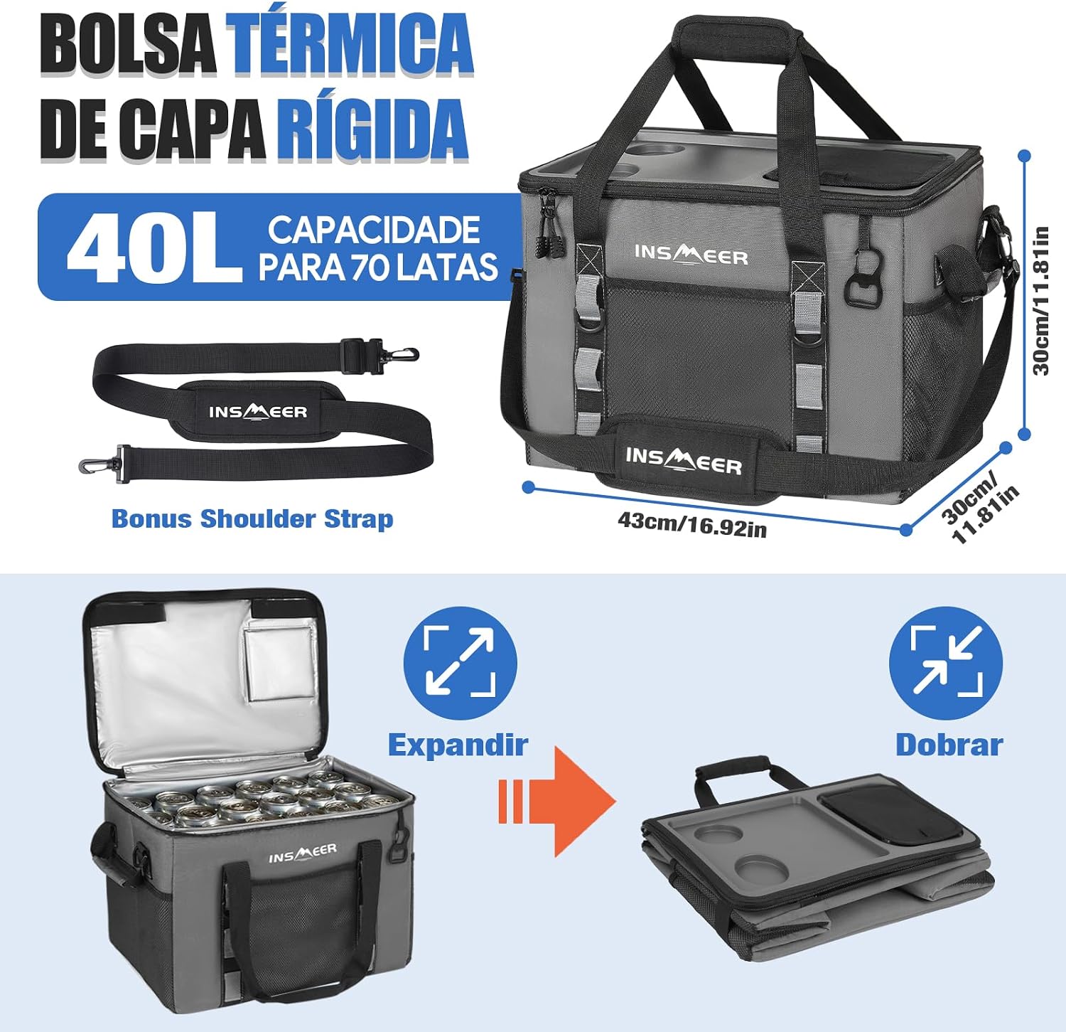 INSMEER Bolsa Termica Grande de Capota Rígida com 2 Porta-Copos, Saco Refrigerador Dobrável - 70 latas, À Prova de Vazamentos/Portátil Cooler Termico para Praia, Acampamento, Churrasco, Eventos INSMEER Bolsa Termica Grande de Capota Rígida com 2 Porta-Copos, Saco Refrigerador Dobrável - 70 latas, À Prova de Vazamentos/Portátil Cooler Termico para Praia, Acampamento, Churrasco, Eventos