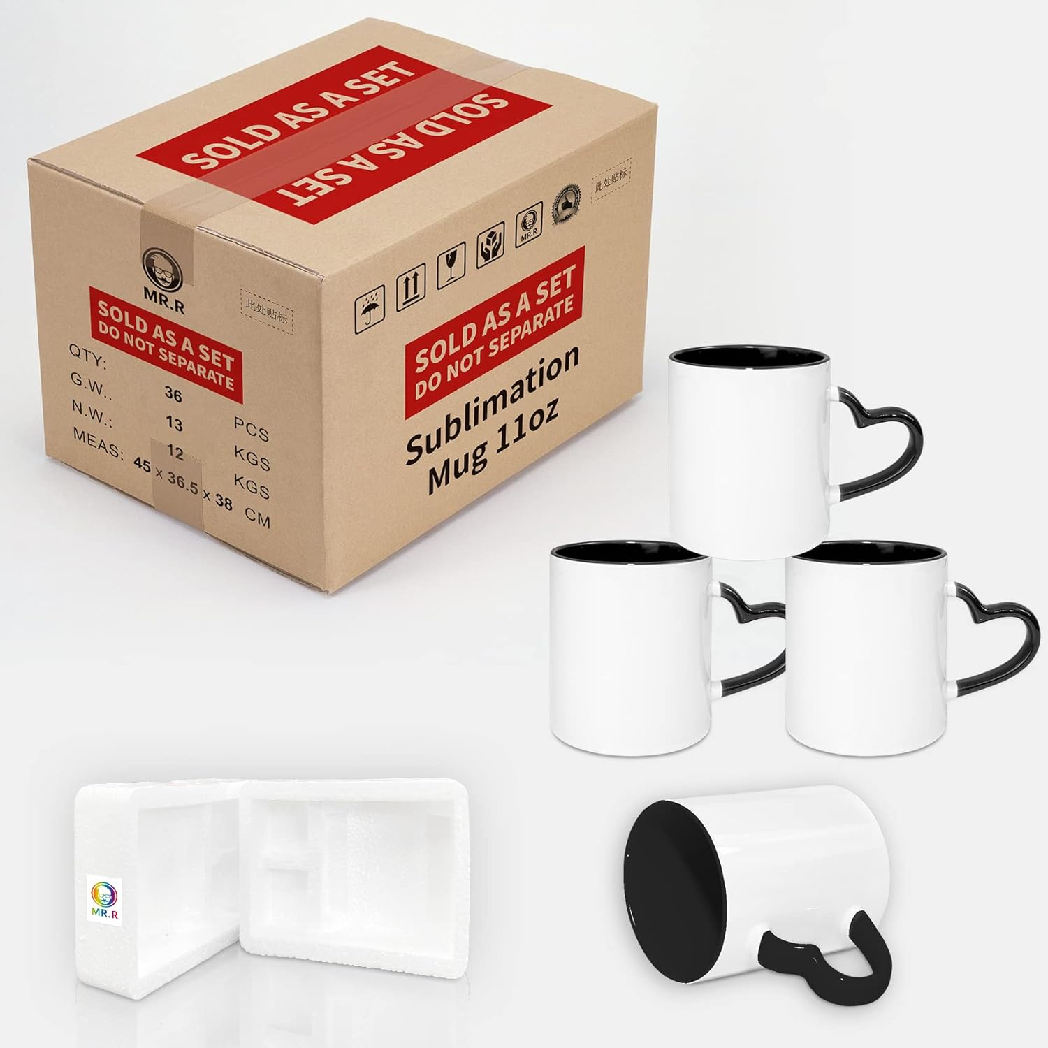 MR.R 11oz 36PCS Sublimation Blank Dishwasher Coffee Mugs,Cup Blank White Mug Cup Heart Handle with Inner and Heart Handle Black Color,Set of 36