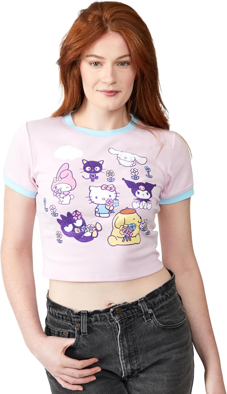 Hello Kitty & Friends Smell The Flowers Glitter Print Crew Neck Short Sleeve Pink Women's Crop TopTee - Image 3