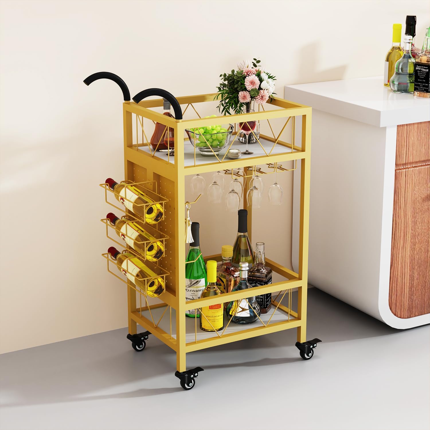 Bar Cart Gold, Home Bar Serving Cart, Beverage Cart with 2 Shelves Wine Rack, Glass Holder, Brake Rolling Kitchen Cart for Bar, Dining Room