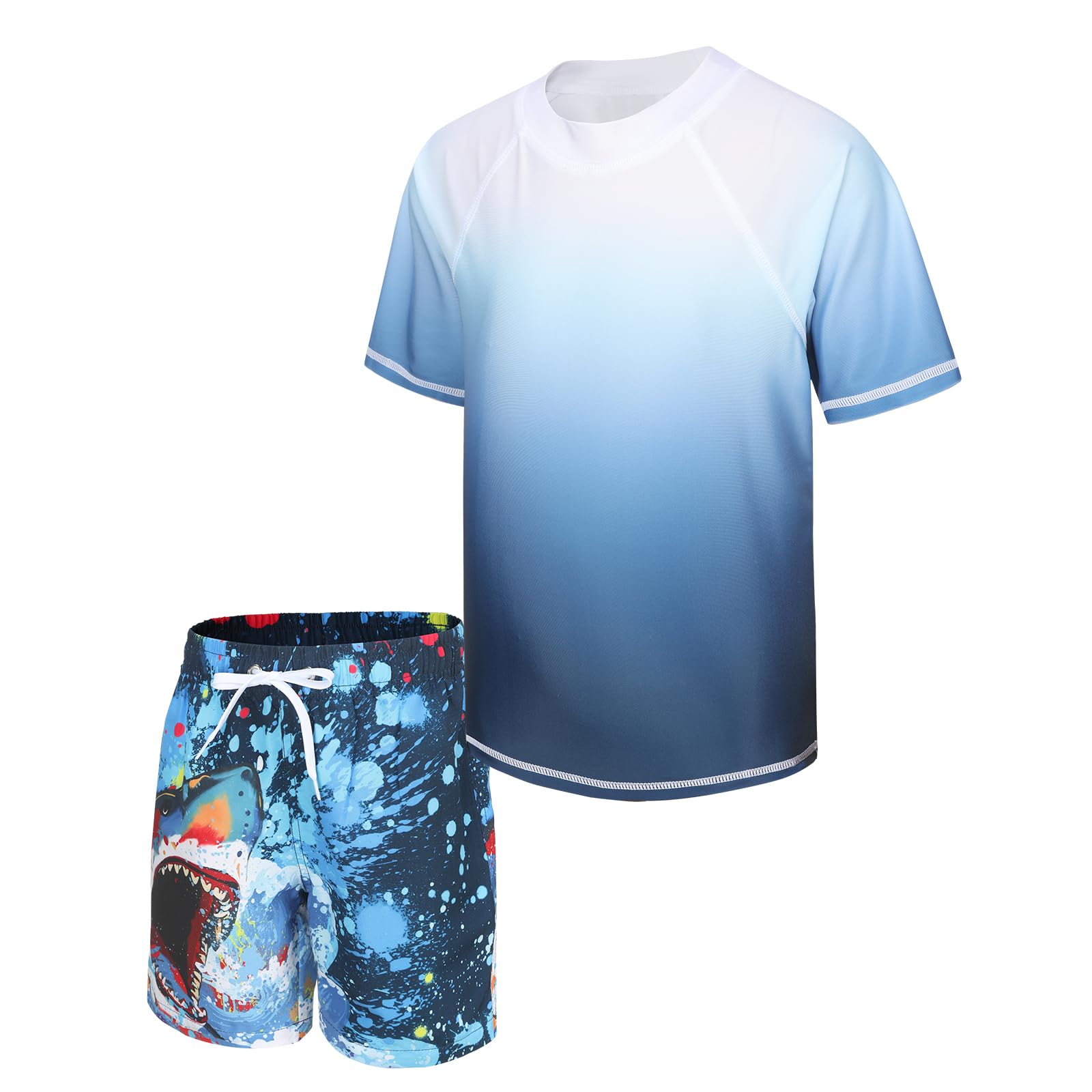 Boys Rash Guard Set for Kids Boys 2 Piece Short Sleeve Swim Shirts with Trunks Quick Dry Bathing Suits Swim Set