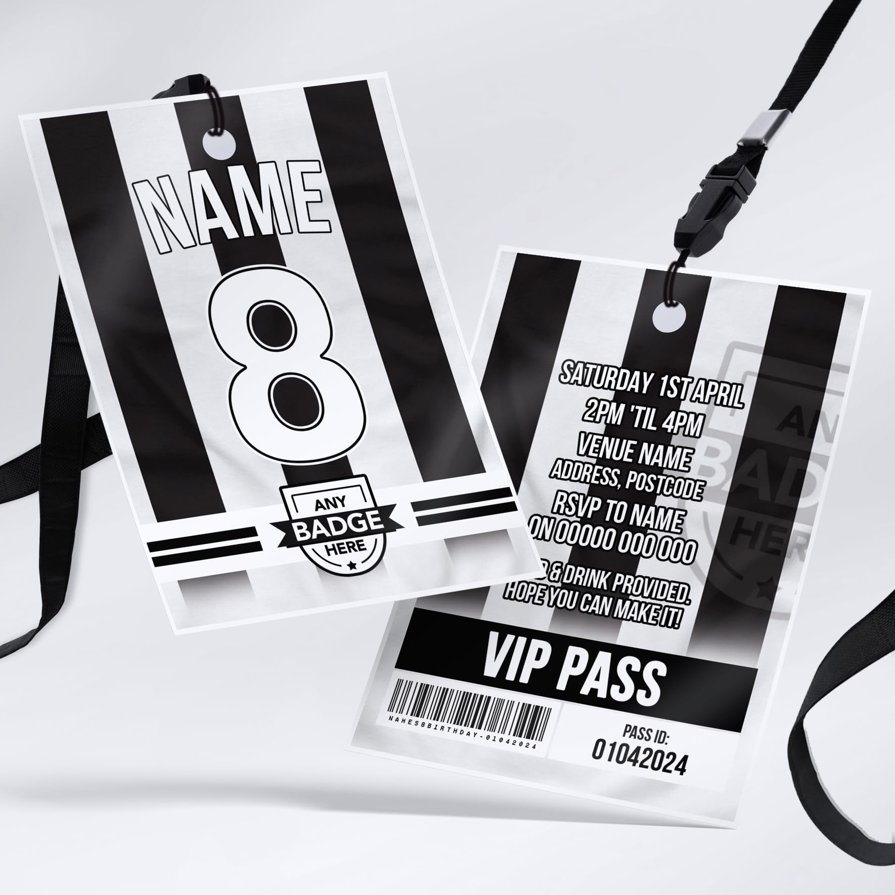 MJ DESIGN & PRINT Personalised Football Shirt Invitations Lanyard Passes, Birthday, Kids, Sports, Black & White Striped