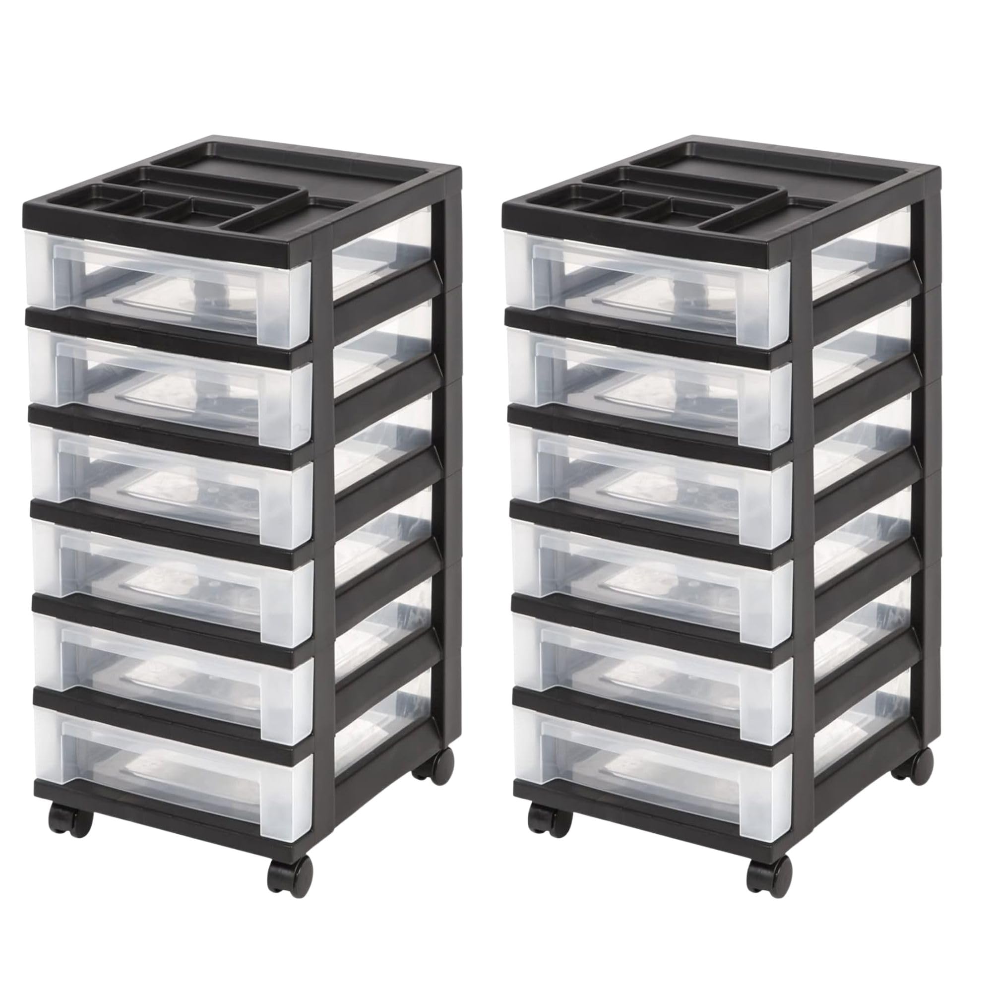 IRIS USA 2 Pack 6-Drawer Plastic Storage Rolling Organizer Cart with Caster Wheels for Laundry Room, Bathroom, or Closet Dresser Storage, Black/Clear