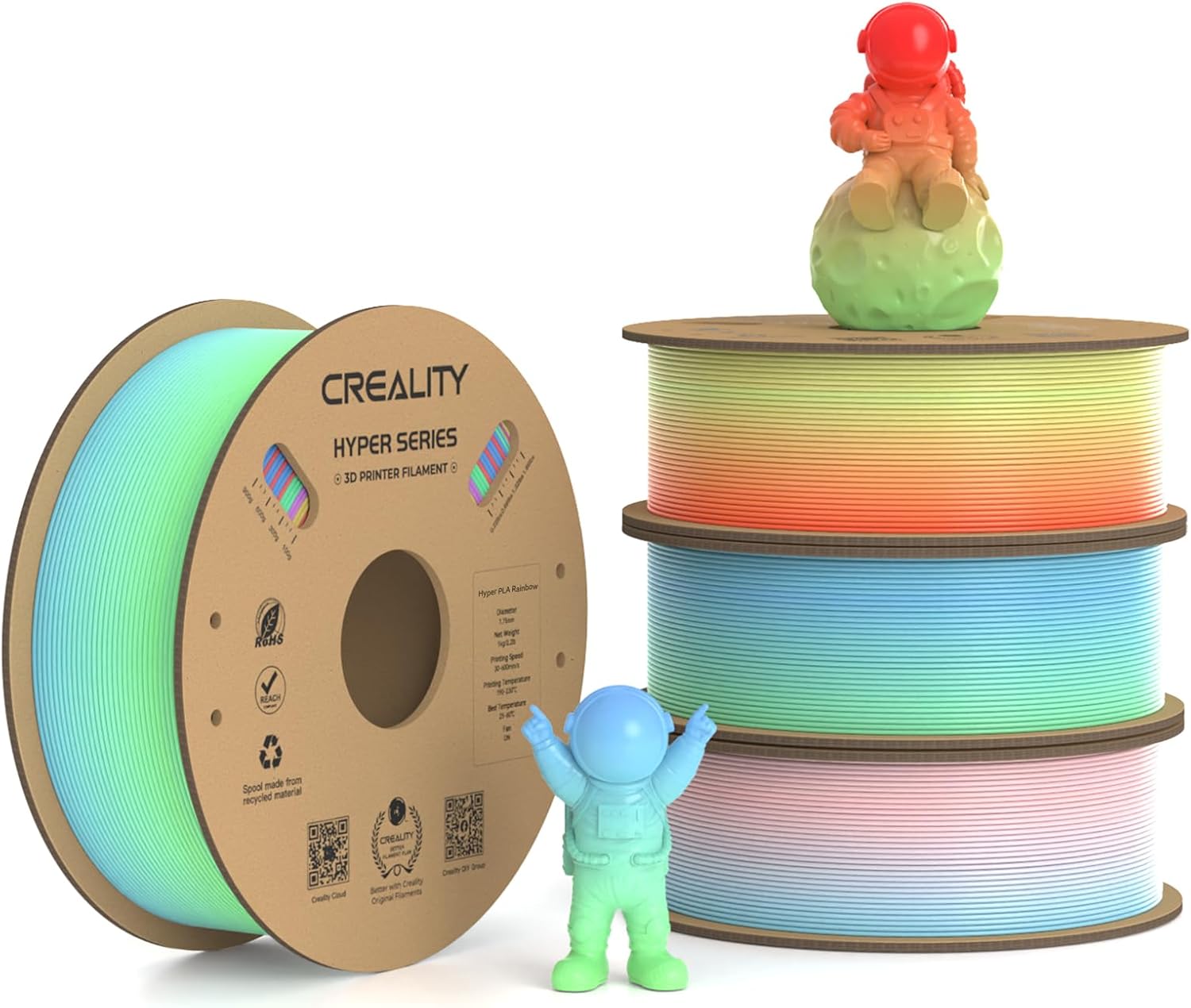 Creality Hyper PLA Filament 1.75mm, 30-300mm/s High Speed 3D Printer Filament, Dimensional Accuracy +/-0.02mm, Fit Most FDM 3D Printers, 4 Pack 1kg Spool(2.2lbs), Rainbow
