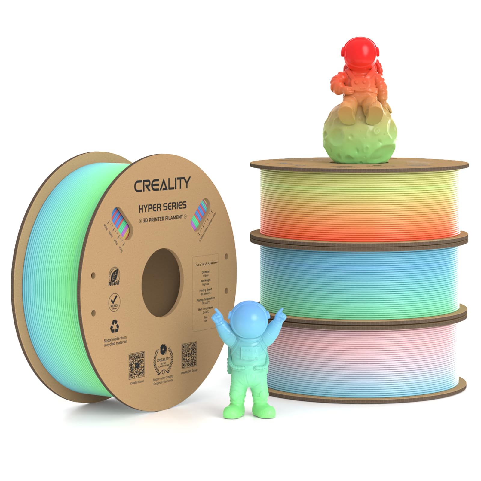 Creality Hyper PLA Filament 1.75mm, 30-600mm/s High Speed 3D Printer Filament, Dimensional Accuracy +/-0.02mm, Fit Most FDM 3D Printers, 4 Pack 1kg Spool(2.2lbs), Rainbow