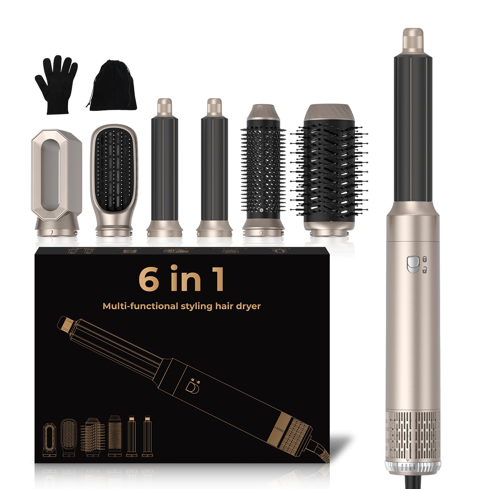 Airstyler 6 in 1 Hairstyler mit Air Lockenstäbe Warmluftbürste Föhn Rundbürstenföhn Haartrockner Haarstyler Multistyler Hairstyler 1000W Hair Dryer Haarstyling Stylingbürsten, Gold
