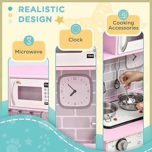 Miniatura 4 de Qaba Juego de juguetes de cocina para niños con diseño realista, luces de estufa, almacenamiento, dispensador de agua, para niños de 3 a 6 años,