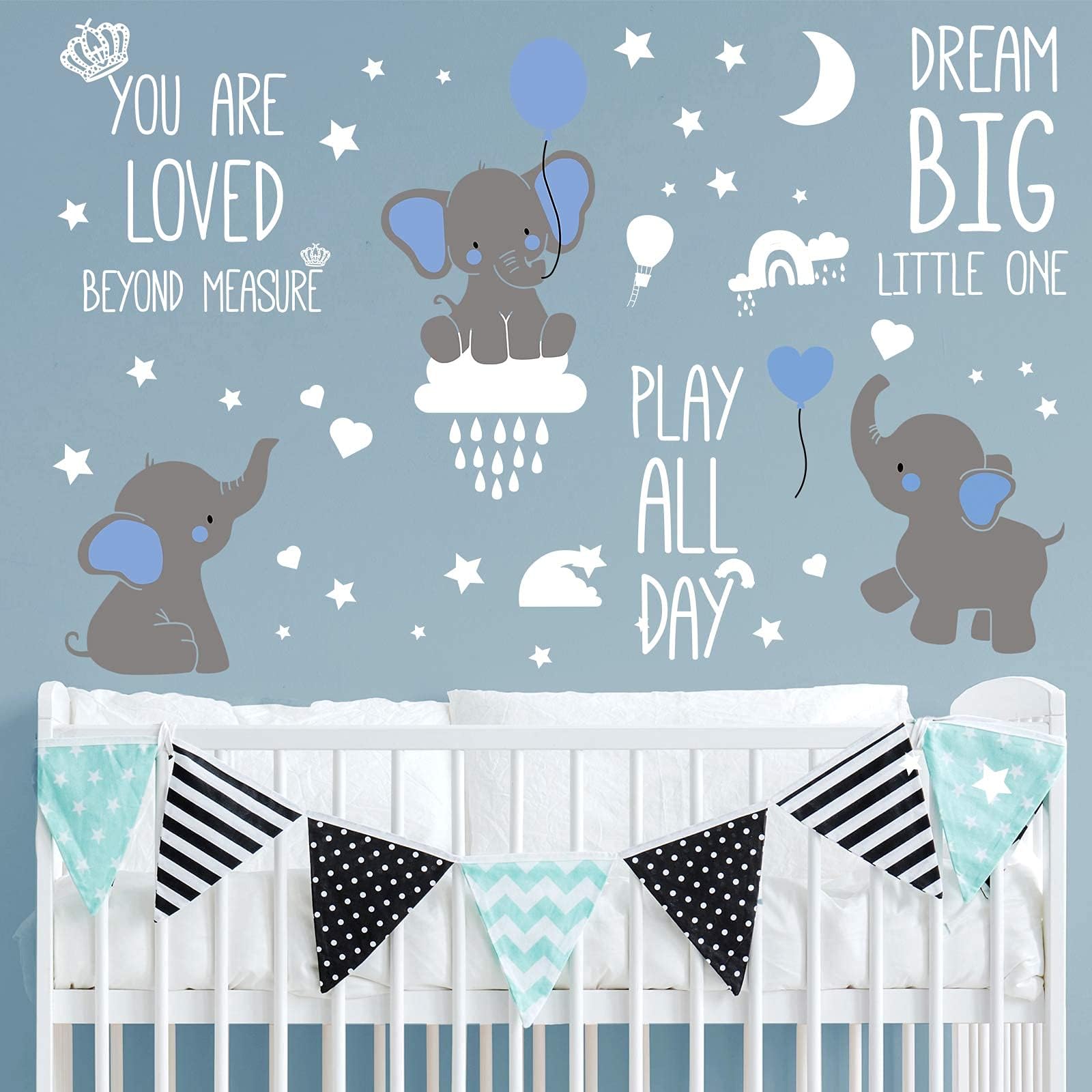 Elephant Wall Decals Dream Big Little One Stickers Cute Elephant Peel Stick Stickers Baby Room Decal Moon Stars Clouds Wall for Bedroom Nursery Playroom Art Party (Classic Style)