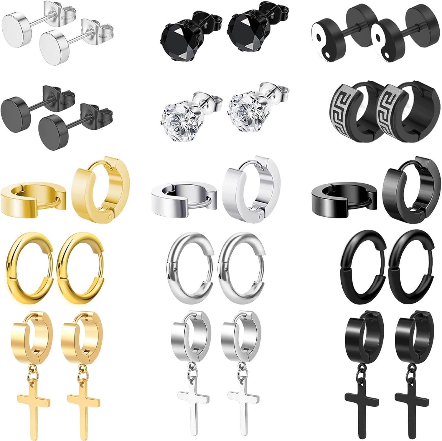 15 Pairs Earrings for Men, Black Silver 14K Gold Plated Stainless Steel Earrings Stud Hoop for Men Women, Fashion Ear Piercing Jewelry Cross Dangle Hoop Earrings Set