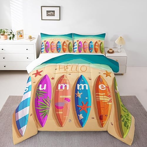 Miniatura 7 de Manfei Juego de edredón de tabla de surf, tamaño individual, juego de ropa de cama de hojas de palma tropical de playa de 2 piezas para niños y