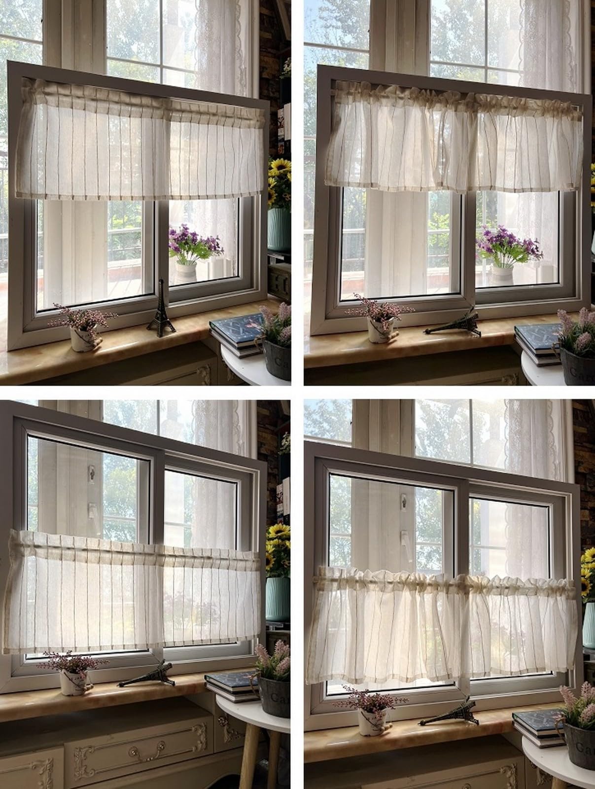 A.Monamour Gardine Scheibengardinen Kurzstores Halbtransparenter Gestreifter Voile Vorhang Kurzvorhang Kurzgardinen Küchengardine Küche Vorhang Fenster Kurz Stores Bistrogardine