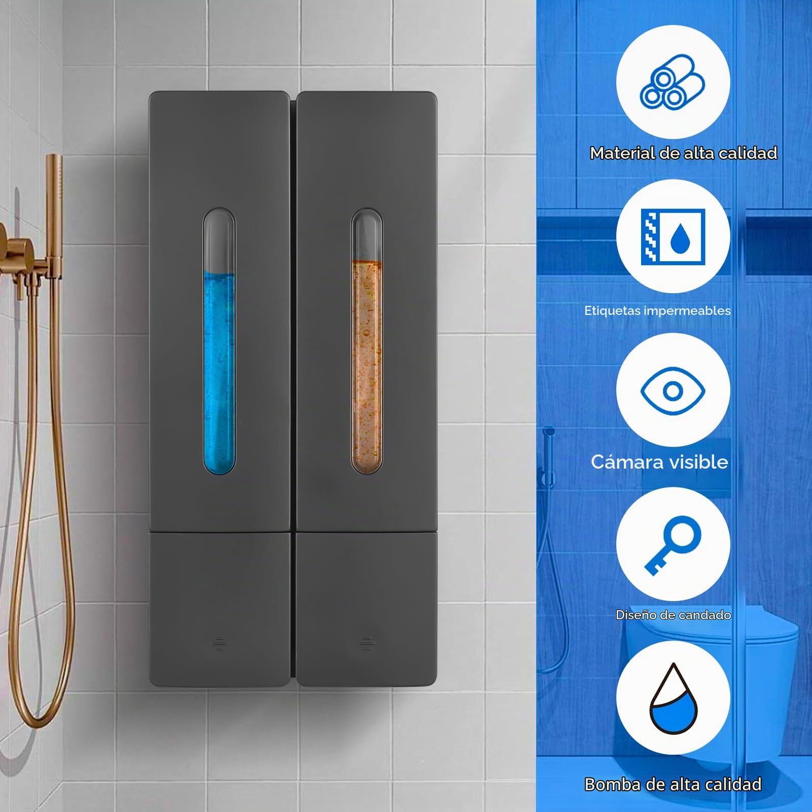 Decdeal Dispensador de jabón de Manos de 400 ml x 2, Seguro, ABS, sin Perforaciones, dispensador de jabón para Montaje en Pared con Ventana Transparente, Salida de líquido separada, diseño de Bloqueo
