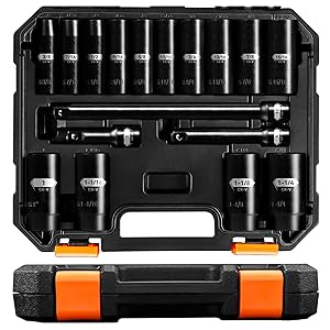 PGROUP 1/2 Inch Drive Deep Impact Socket Set, 17-Piece 6 Point Standard SAE Sizes (3/8 In to 1-1/4 In), Cr-V Steel, Includes 3", 5", 10" Impact Extension Bars with Heavy Duty Storage Case