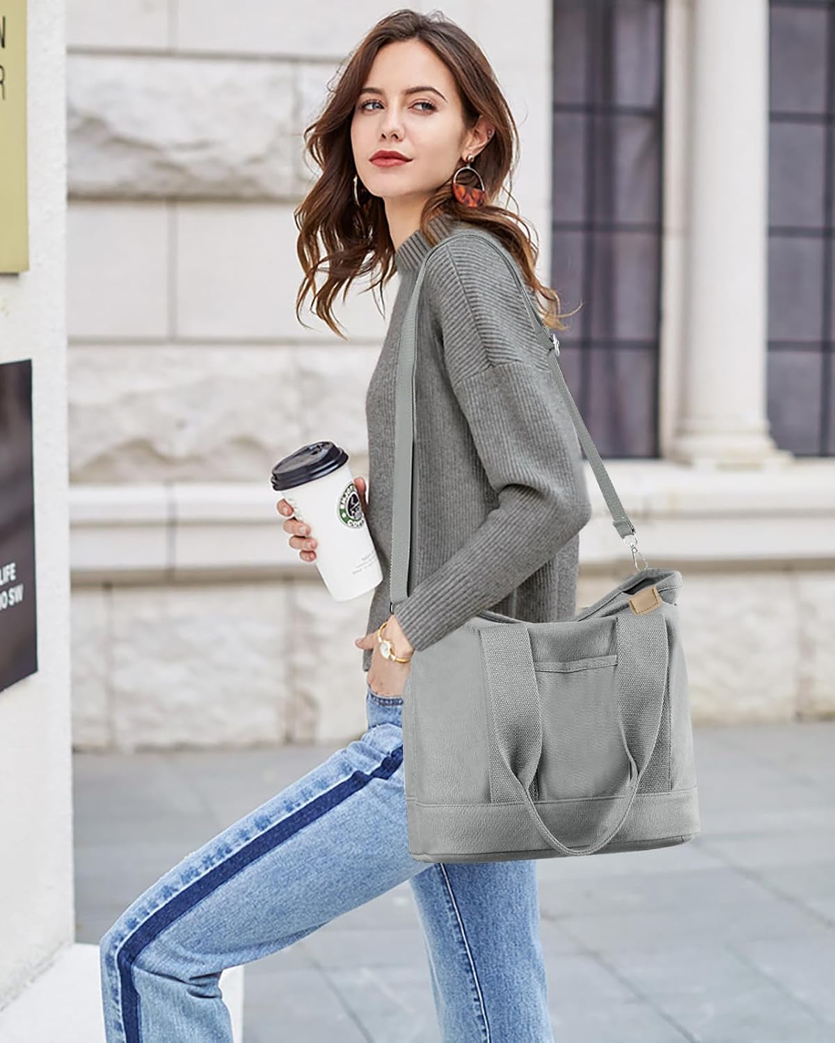 Canvas Tote Bag for Women Tote Bag with Zipper Crossbody Bag Shoulder Handbag Work Travel Tote with Compartments