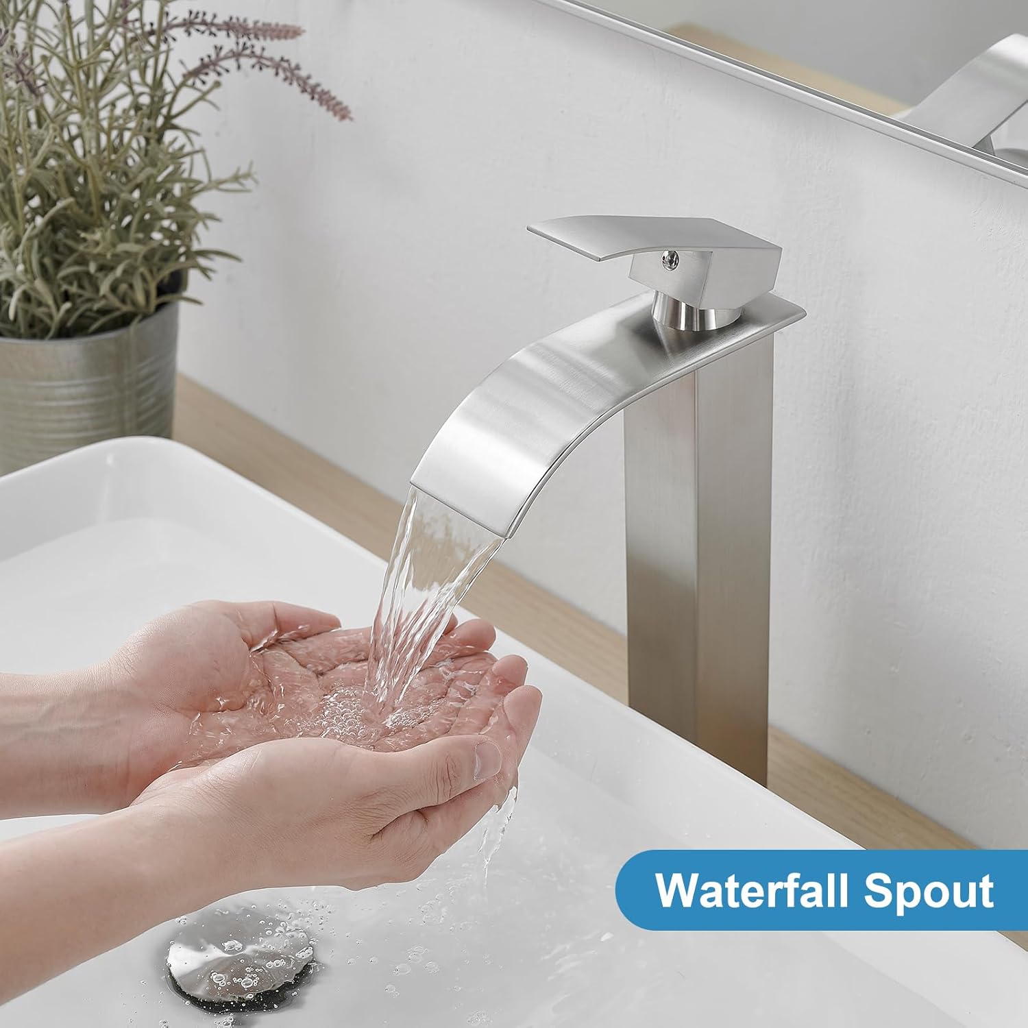 RUMOSE Tall Brushed Nickel Bathroom Faucet with Pop Up Drain Modern Single Handle One Hole Bathroom Vessel Sink Faucet Waterfall Spout Rv Lavatory Vanity Faucet Deck Mount Mixer Tap, Stainless Steel - Image 2