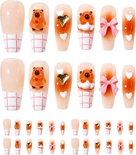 24 Stück Capybara Nägel Sticker Set, Fingernägel zum Aufkleben Kinder, Capybara Muster Künstliche Nägel Zum Aufkleben im Alter von 6-12 Jahren mit Gelee Gel, Künstliche Fingernägel für Mädchen