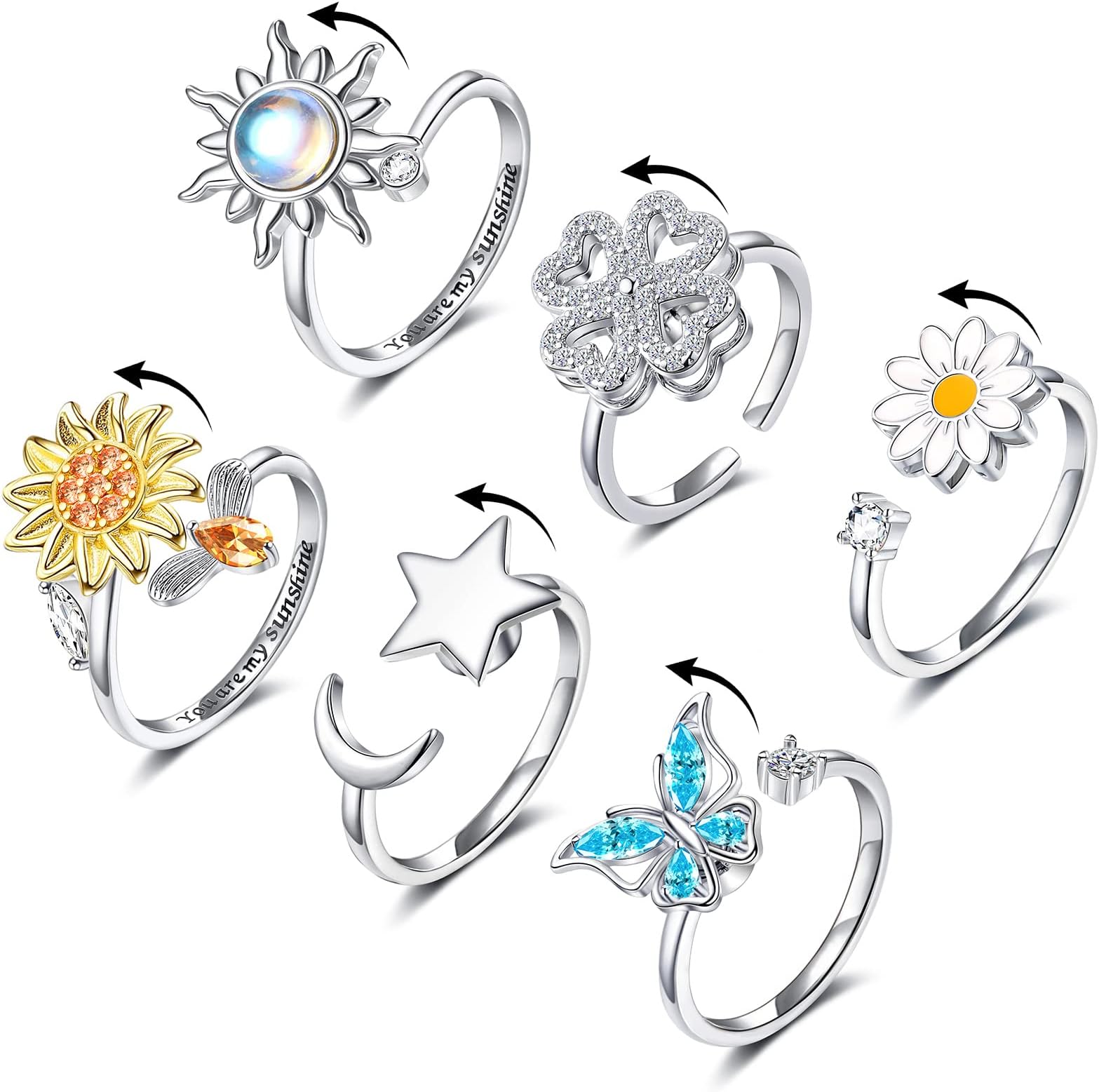 Fidget Anxiety Rings for Women Adjustable Spinner Fidget Rings for Anxiety You Are My Sunshine Spinner Ring Butterfly Sunflower Moon Star Stress Relief Stackable Rings Set