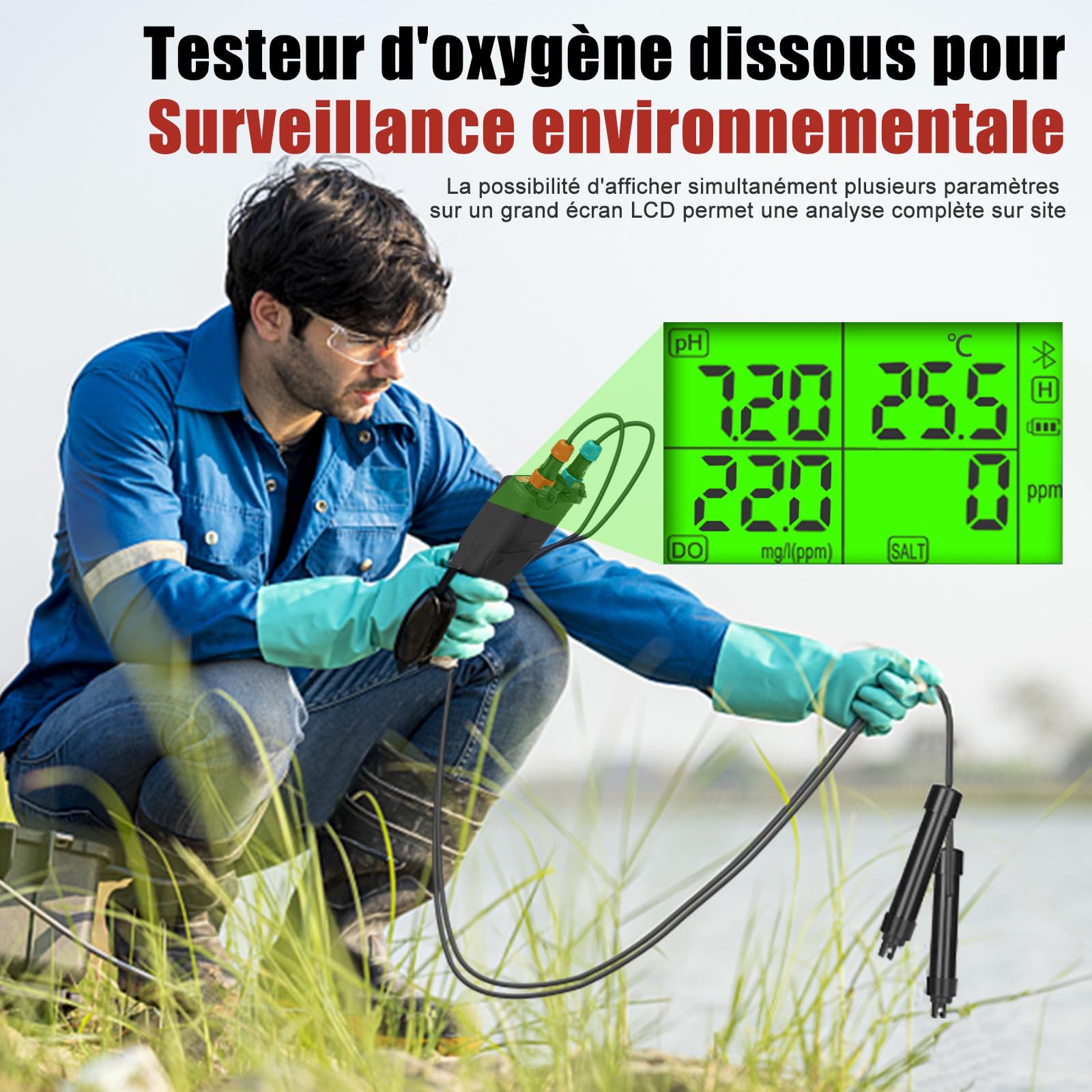 Compteur d'oxygène dissous dans l'eau, pH-mètre intelligent 6 en 1 DO, testeur portable pH DO Salt EC TDS pour étang de Koi, aquaculture, moniteur d'environnement