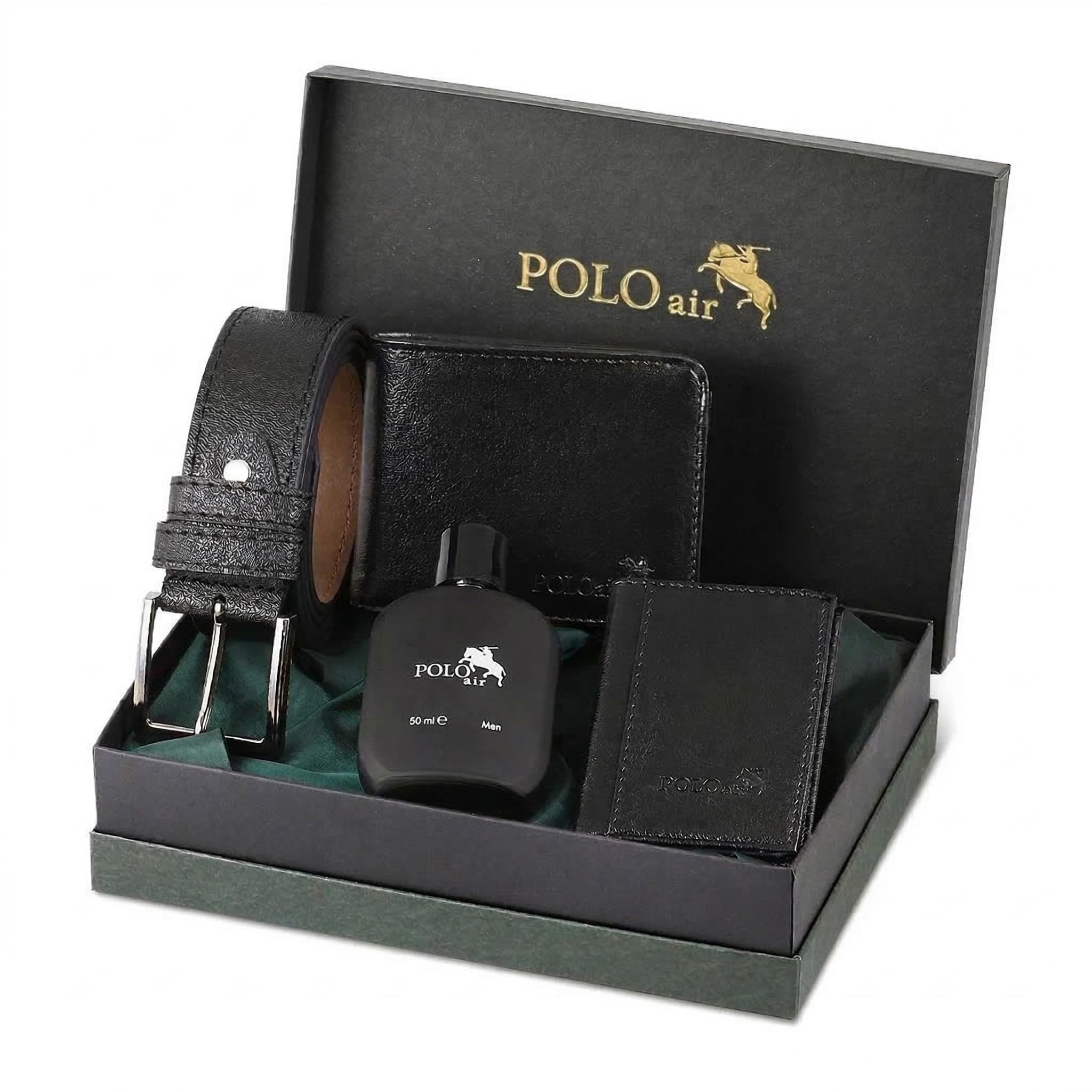 Polo Air Herren Geschenk-Set 4-Teilig mit Parfum Gürtel Geldbörse Kartenetui Schwarz Premium Geschenkbox