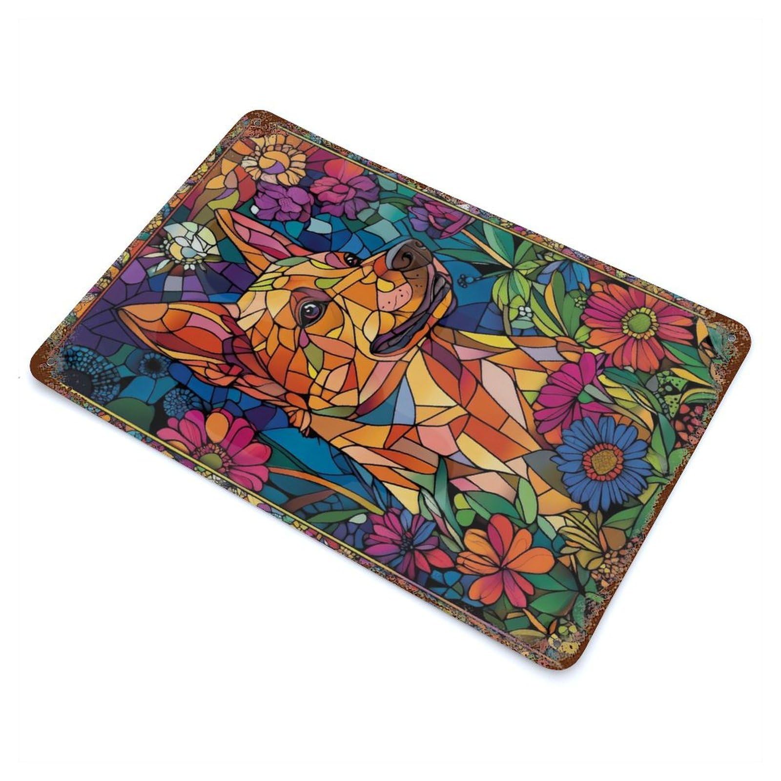 Dog in Flowers Stained Glass Rusty Metal Tin Sign 11.8"x7.9", Industrial Home Decor for Garage, Pub Or Kitchen