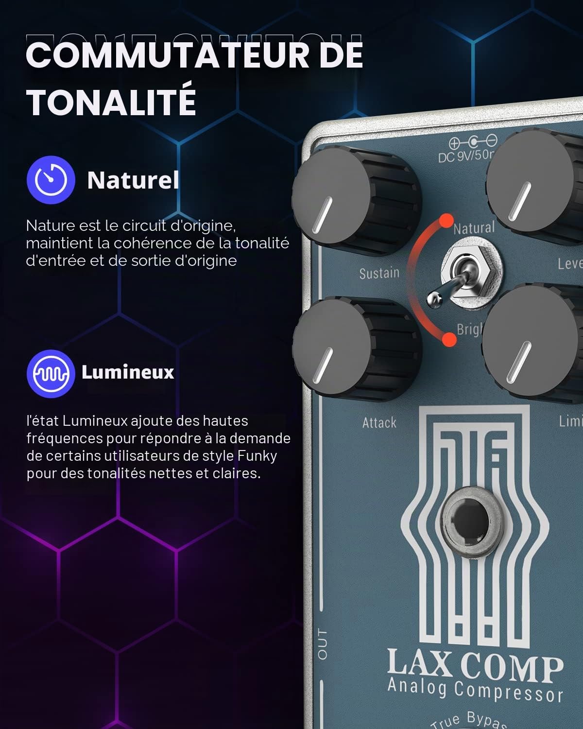 Pédale compresseur Donner pour guitare, Lax Comp pour guitare électrique et basse, compresseur style peak limiter avec boost EQ 2 bandes et véritable bypass analogique pur