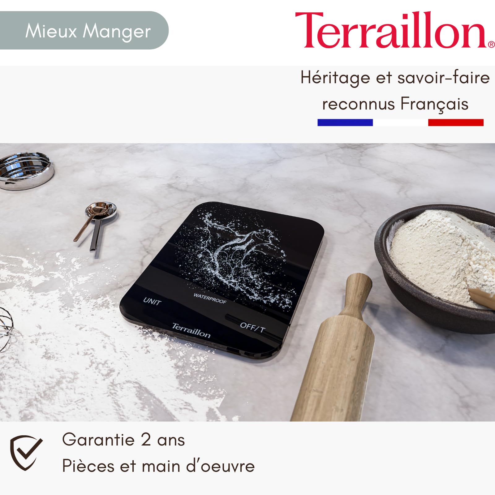 TERRAILLON - AQUA RESIST - Bilancia da cucina elettronica, impermeabile IP67, schermo magico LED retroilluminato, capacità 8 kg, gradazione 1 g, senza batterie, ricarica USB-C, nero