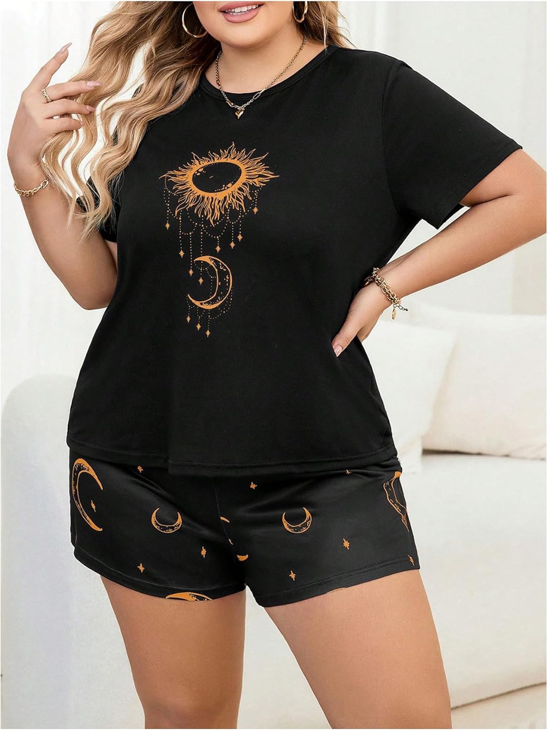 Women's Plus Size 2 Piece Pajama Set Sun Moon Print Crew Neck Short Sleeve Tee and Shorts Sleepwear - Image 3